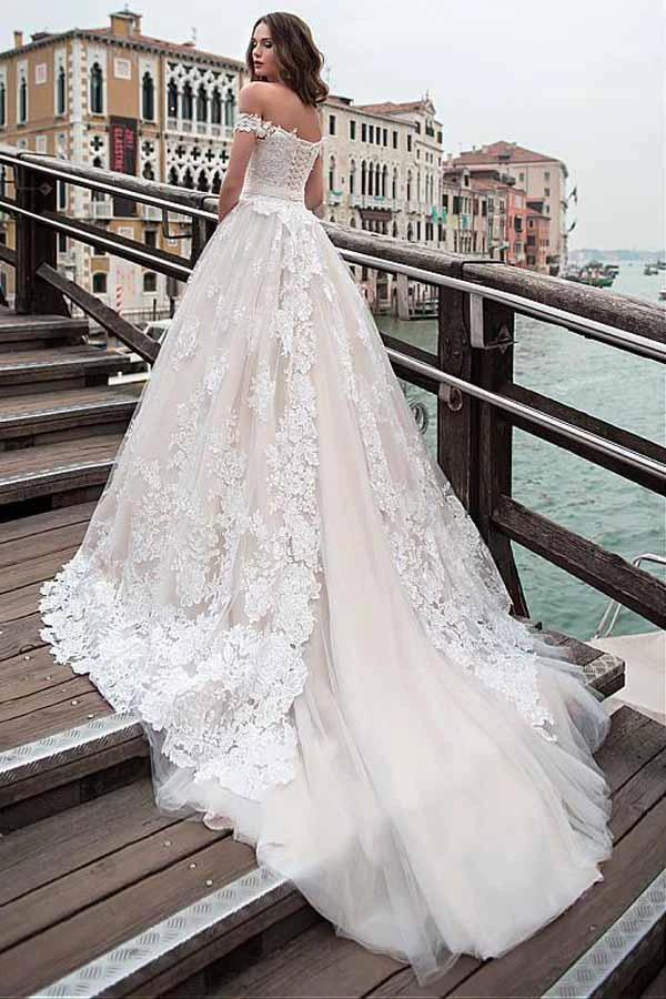 Off-the-shoulder Neckline A-line Wedding Dress With Lace Appliques WD232 by pgmdress