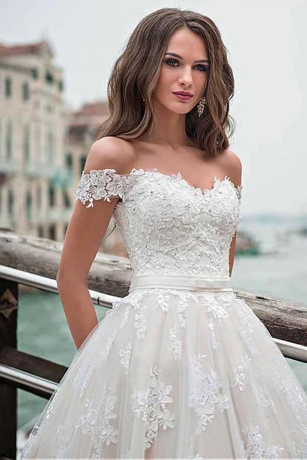Off-the-shoulder Neckline A-line Wedding Dress With Lace Appliques WD232 by pgmdress