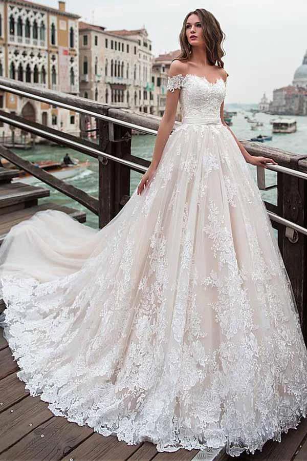 Off-the-shoulder Neckline A-line Wedding Dress With Lace Appliques WD232 by pgmdress