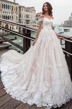 Off-the-shoulder Neckline A-line Wedding Dress With Lace Appliques WD232 by pgmdress