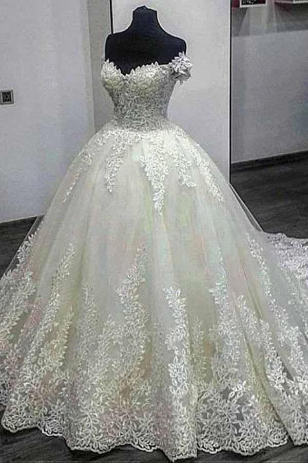 Off-the-shoulder Neckline Ball Gown Wedding Dress With Lace Appliques WD276 by pgmdress