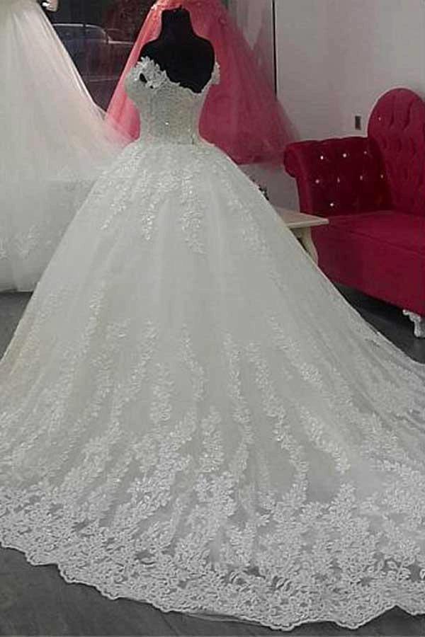 Off-the-shoulder Neckline Ball Gown Wedding Dress With Lace Appliques WD276 by pgmdress