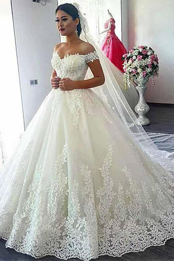 Off-the-shoulder Neckline Ball Gown Wedding Dress With Lace Appliques WD276 by pgmdress