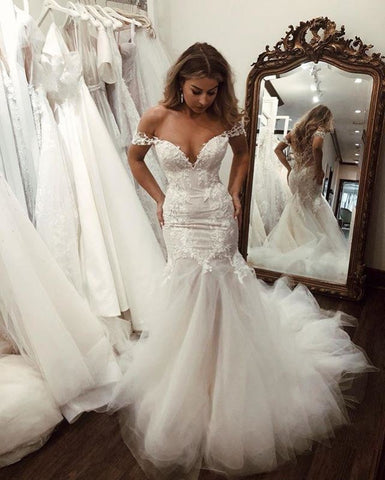 Off the Shoulder Pretty Mermaid Lace Long Tulle Elegant Wedding Dresses