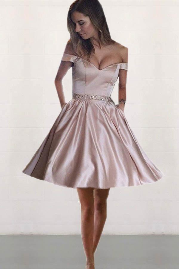 Off the Shoulder Satin Beaded Homecoming Dresses with Pocket PD167 Hover Image