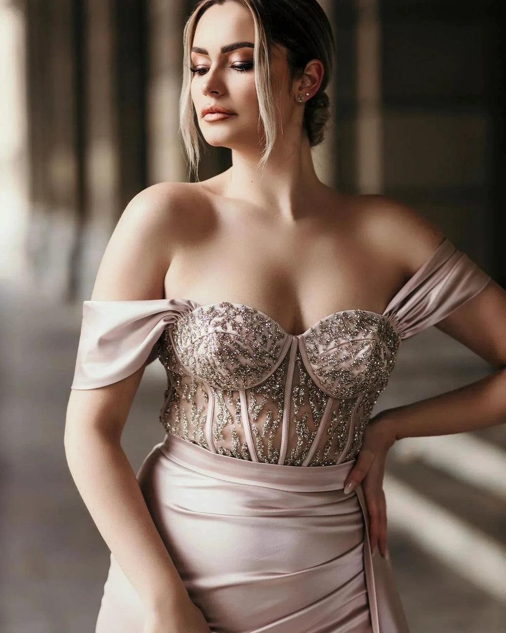 Off-the-Shoulder Satin Mermaid Prom Dress Side Slit with Detachable Train by misshow.com
