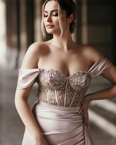 Off-the-Shoulder Satin Mermaid Prom Dress Side Slit with Detachable Train