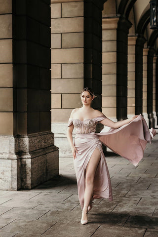 Off-the-Shoulder Satin Mermaid Prom Dress Side Slit with Detachable Train