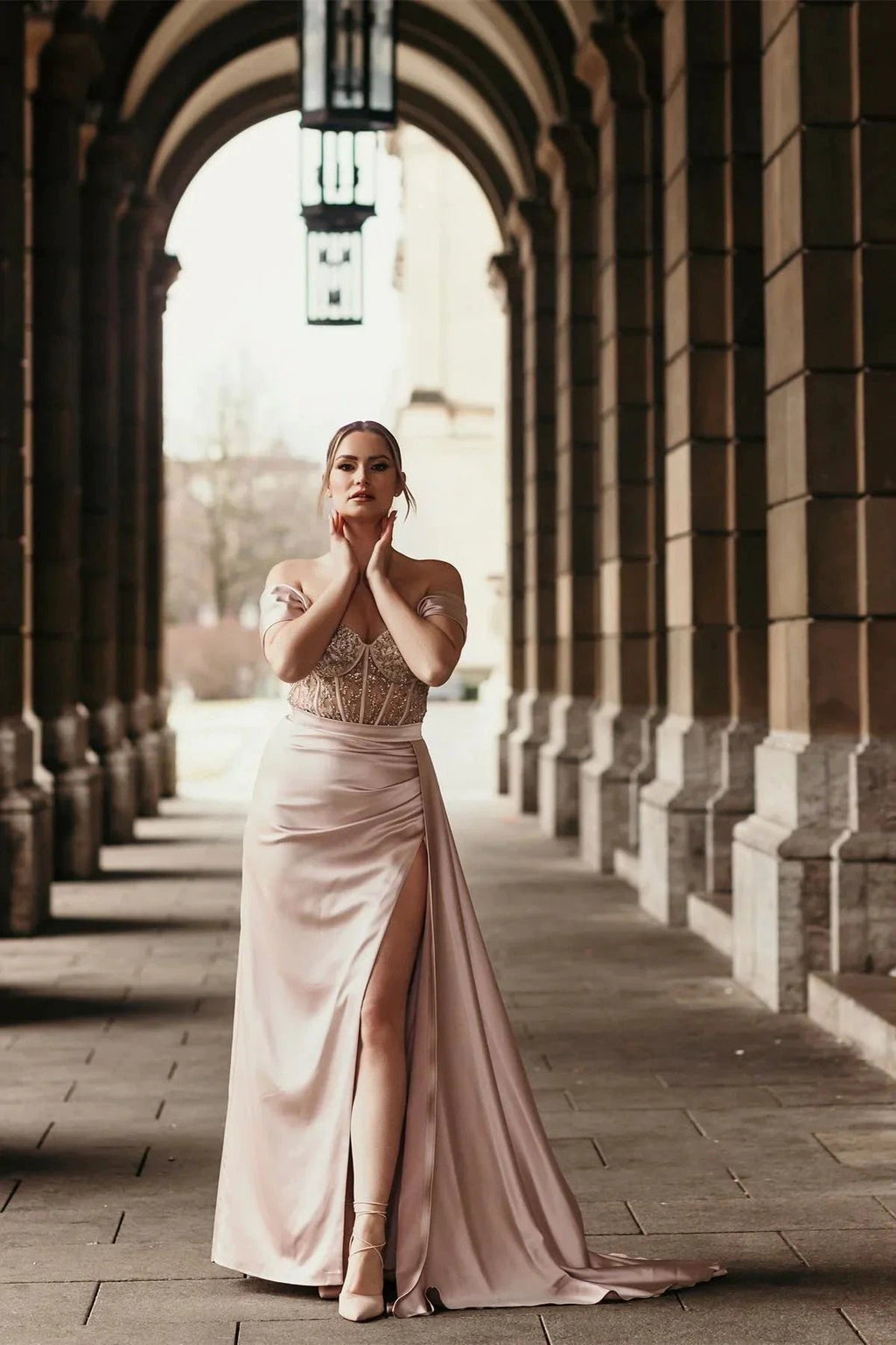 Off-the-Shoulder Satin Mermaid Prom Dress Side Slit with Detachable Train by misshow.com
