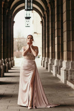Off-the-Shoulder Satin Mermaid Prom Dress Side Slit with Detachable Train by misshow.com