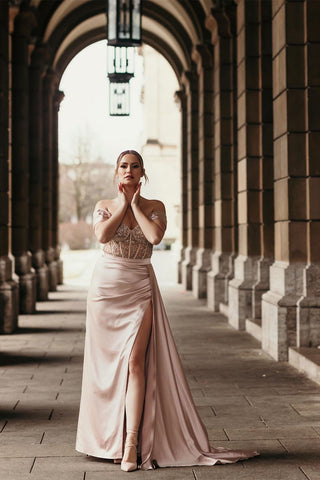 Off-the-Shoulder Satin Mermaid Prom Dress Side Slit with Detachable Train