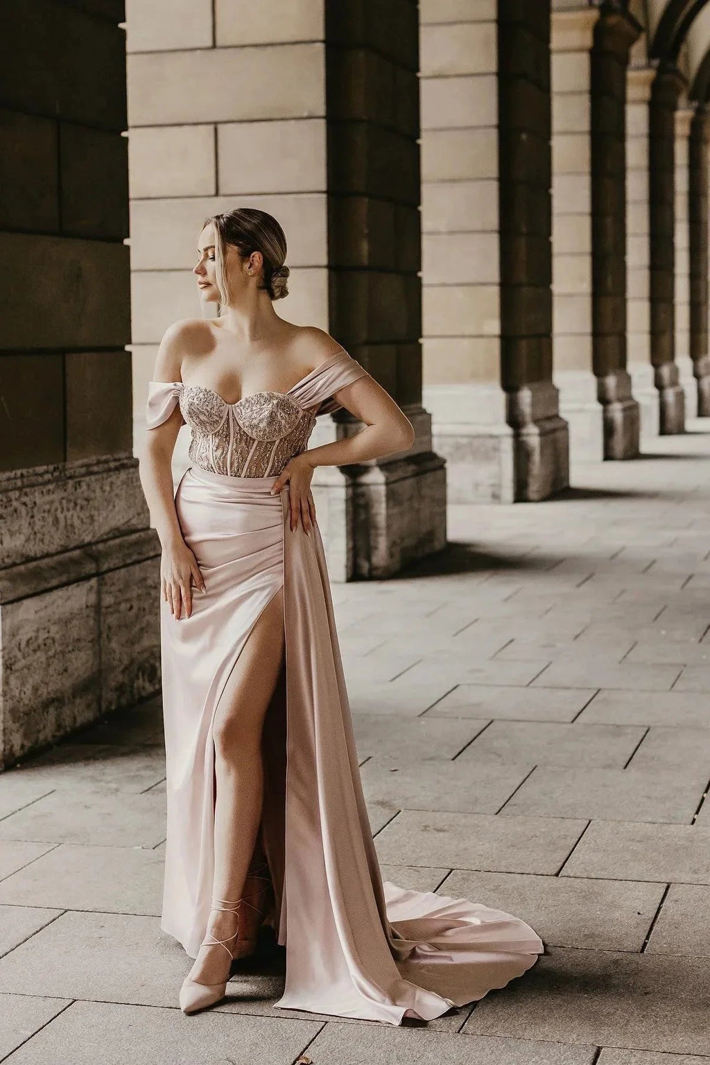 Off-the-Shoulder Satin Mermaid Prom Dress Side Slit with Detachable Train by misshow.com