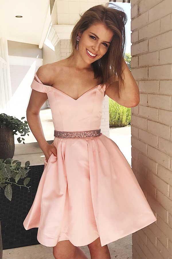 Off the Shoulder Short Pink Party Dress Homecoming Dress with Pockets PD125 Hover Image