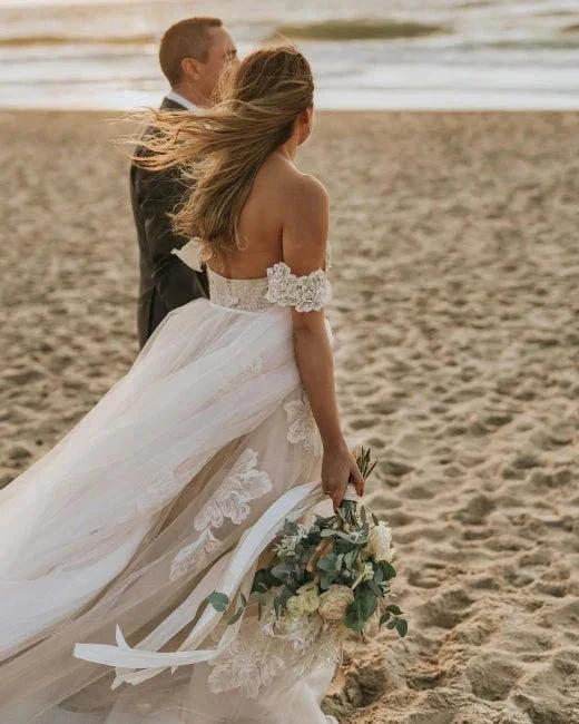 Off-the-Shoulder Simple Wedding Dress Tulle Lace Aline Beach Wedding Dress by misshow.com
