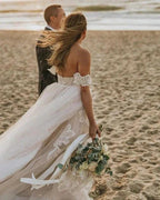Off-the-Shoulder Simple Wedding Dress Tulle Lace Aline Beach Wedding Dress by misshow.com
