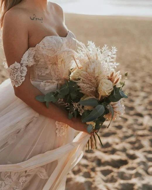 Off-the-Shoulder Simple Wedding Dress Tulle Lace Aline Beach Wedding Dress by misshow.com