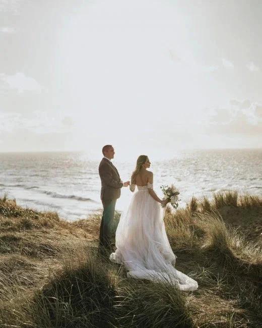 Off-the-Shoulder Simple Wedding Dress Tulle Lace Aline Beach Wedding Dress by misshow.com
