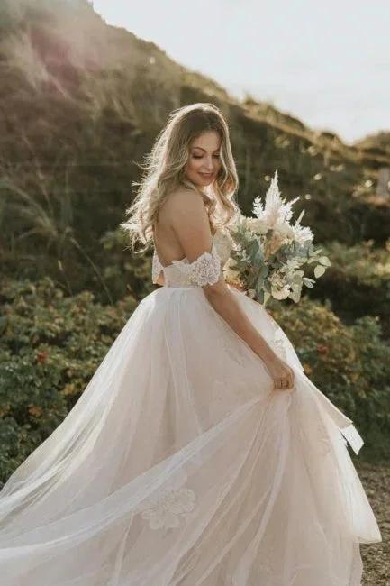 Off-the-Shoulder Simple Wedding Dress Tulle Lace Aline Beach Wedding Dress by misshow.com