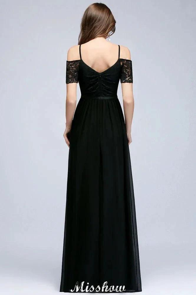 Off-the-shoulder Sleeveless Floor-Length A-line Bridesmaid Dresses Chiffon Lace V-Neck Prom Dress by misshow.com