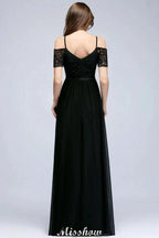 Off-the-shoulder Sleeveless Floor-Length A-line Bridesmaid Dresses Chiffon Lace V-Neck Prom Dress by misshow.com