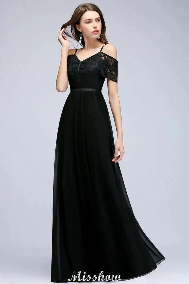 Off-the-shoulder Sleeveless Floor-Length A-line Bridesmaid Dresses Chiffon Lace V-Neck Prom Dress by misshow.com