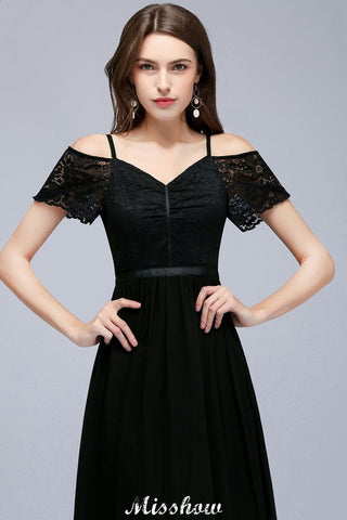 Vestido de dama de honor de gasa con escote en V, sin mangas, hasta el suelo, corte A, con hombros descubiertos y encaje