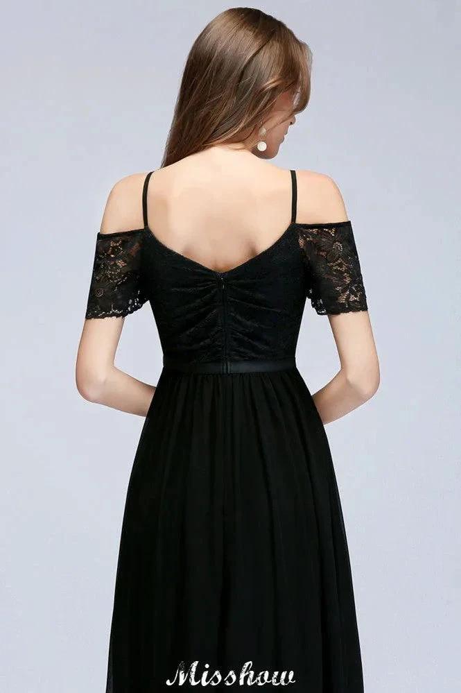 Off-the-shoulder Sleeveless Floor-Length A-line Bridesmaid Dresses Chiffon Lace V-Neck Prom Dress by misshow.com