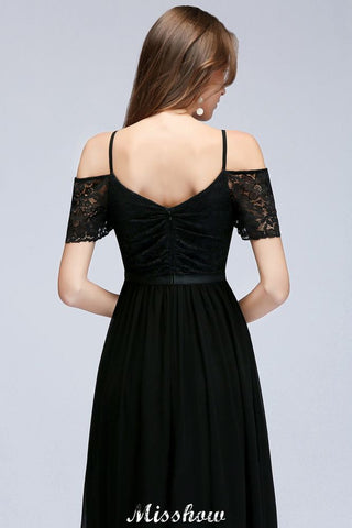 Vestido de dama de honor de gasa con escote en V, sin mangas, hasta el suelo, corte A, con hombros descubiertos y encaje