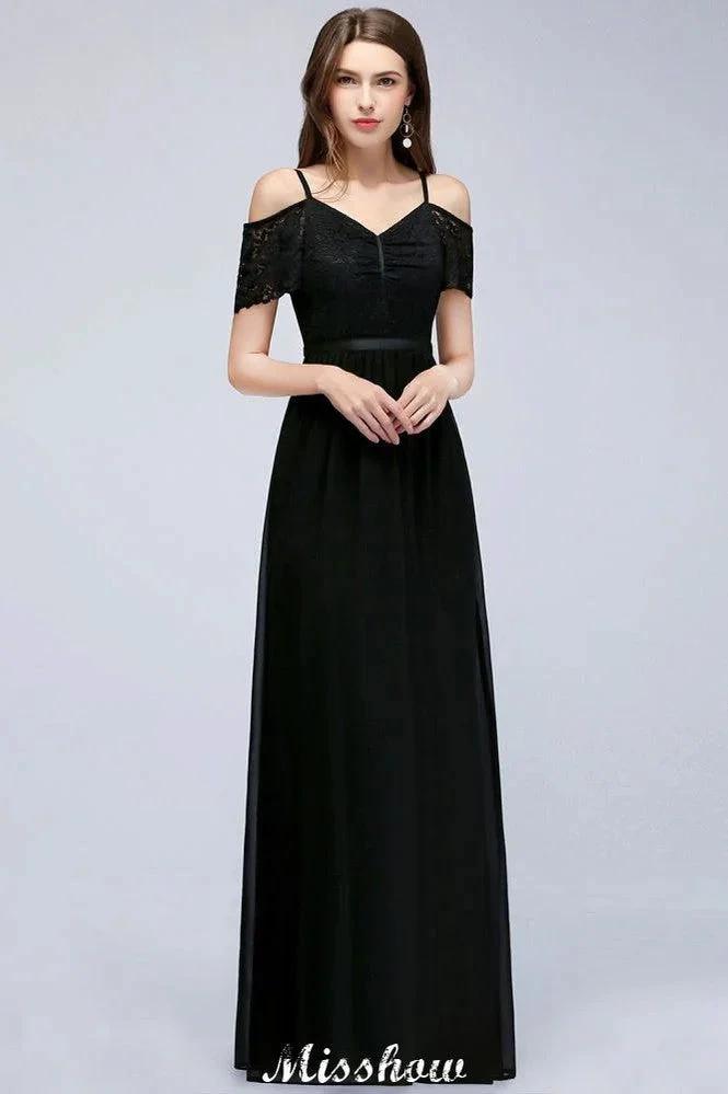 Off-the-shoulder Sleeveless Floor-Length A-line Bridesmaid Dresses Chiffon Lace V-Neck Prom Dress by misshow.com