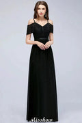 Off-the-shoulder Sleeveless Floor-Length A-line Bridesmaid Dresses Chiffon Lace V-Neck Prom Dress by misshow.com