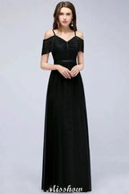 Off-the-shoulder Sleeveless Floor-Length A-line Bridesmaid Dresses Chiffon Lace V-Neck Prom Dress by misshow.com