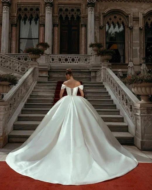 Off-the-Shoulder Sweetheart Ball Gown Satin Sleeveless Garden Bridal Dress by misshow.com