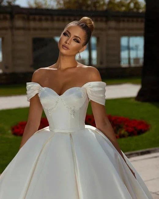 Off-the-Shoulder Sweetheart Ball Gown Satin Sleeveless Garden Bridal Dress by misshow.com