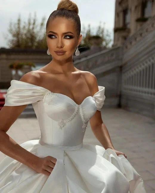 Off-the-Shoulder Sweetheart Ball Gown Satin Sleeveless Garden Bridal Dress by misshow.com