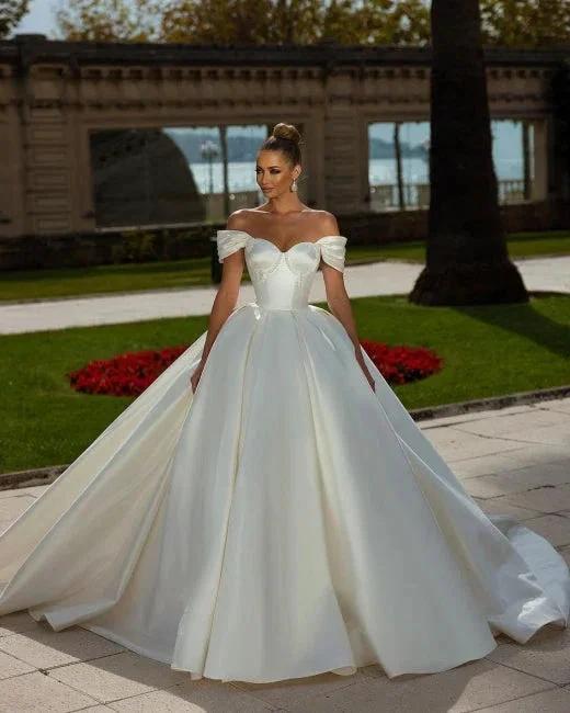 Off-the-Shoulder Sweetheart Ball Gown Satin Sleeveless Garden Bridal Dress by misshow.com
