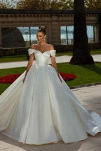 Off-the-Shoulder Sweetheart Ball Gown Satin Sleeveless Garden Bridal Dress by misshow.com