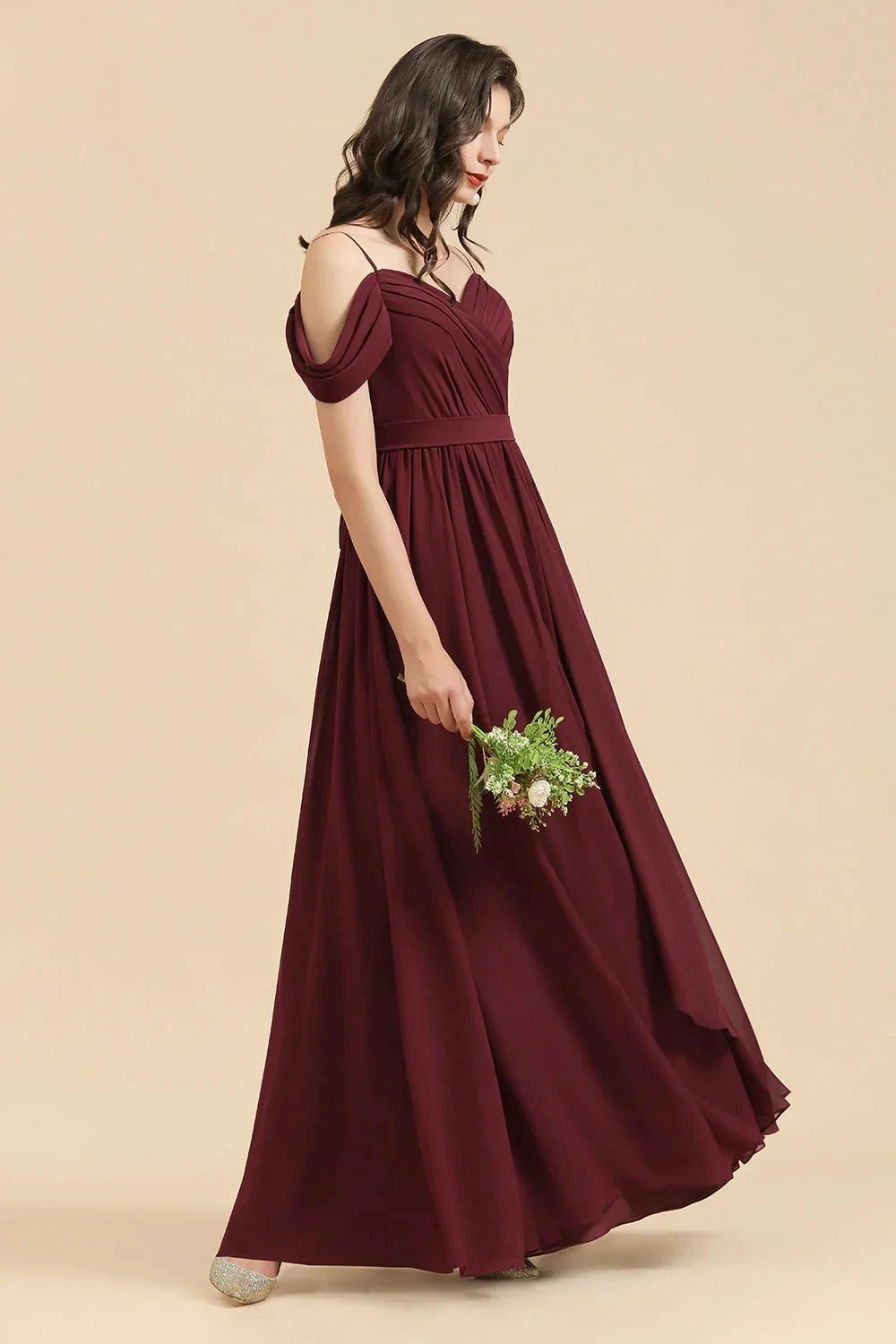 Off-the-Shoulder Sweetheart Burgundy Long Bridesmaid Dress With Slit by misshow.com