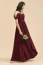 Off-the-Shoulder Sweetheart Burgundy Long Bridesmaid Dress With Slit by misshow.com
