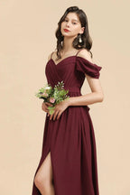 Off-the-Shoulder Sweetheart Burgundy Long Bridesmaid Dress With Slit by misshow.com