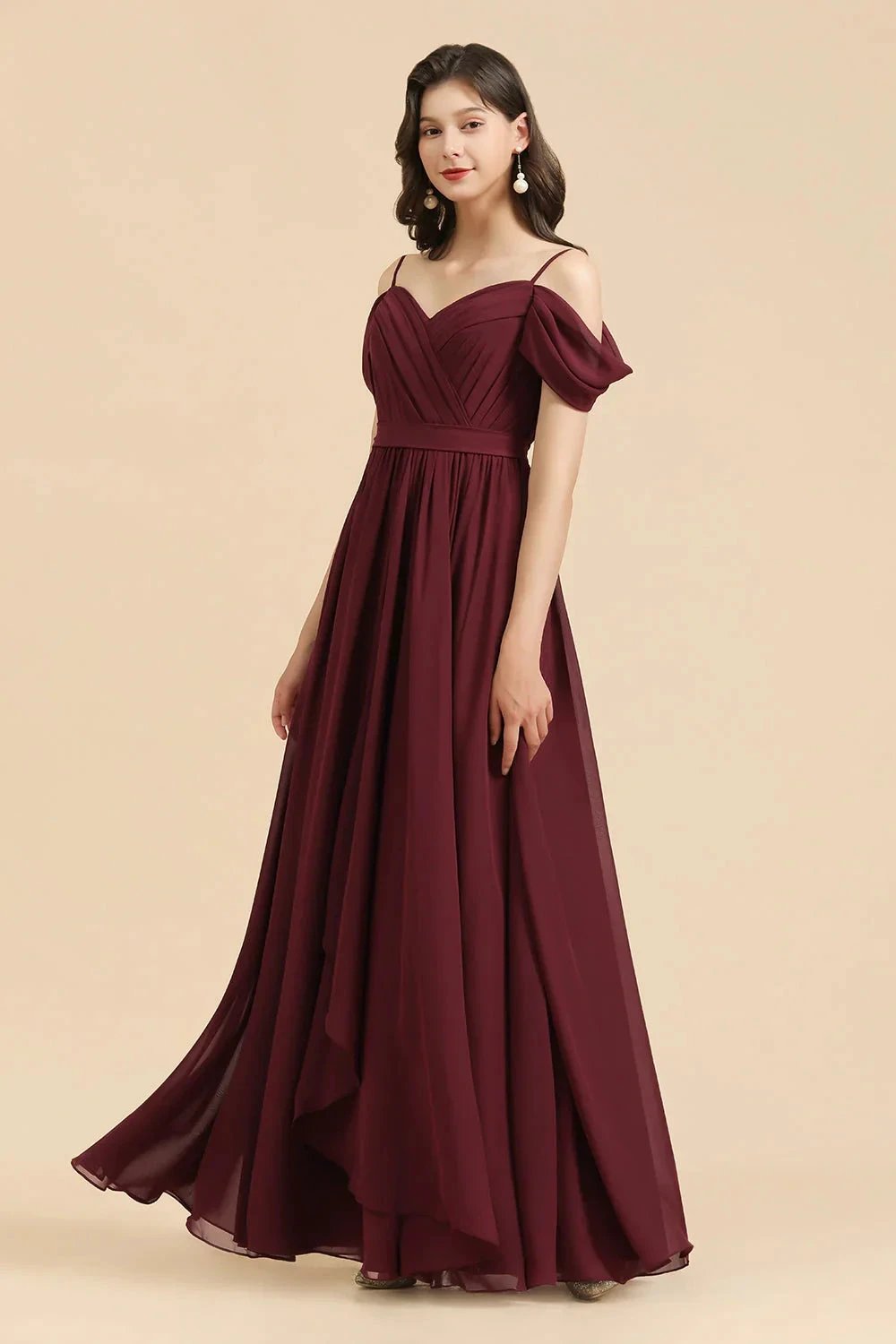 Off-the-Shoulder Sweetheart Burgundy Long Bridesmaid Dress With Slit by misshow.com