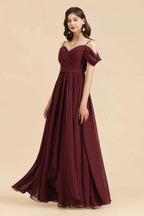 Off-the-Shoulder Sweetheart Burgundy Long Bridesmaid Dress With Slit by misshow.com