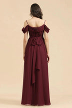 Off-the-Shoulder Sweetheart Burgundy Long Bridesmaid Dress With Slit by misshow.com