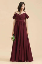 Off-the-Shoulder Sweetheart Burgundy Long Bridesmaid Dress With Slit by misshow.com