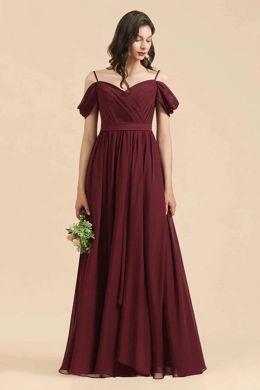 Off-the-Shoulder Sweetheart Burgundy Long Bridesmaid Dress With Slit by misshow.com
