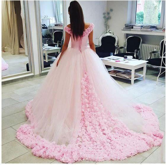 Off the Shoulder Vintage Pink Ball Gown Wedding Dresses WD303 by pgmdress