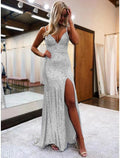 Mermaid Trumpet Prom Dresses Sparkle Shine Dress Formal Wedding Party Sweep Brush Train Sleeveless V Neck Sequined Backless with Glitter Sequin by Aabei
