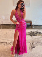 Fuchsia Halter Mermaid Beaded Prom Dress With Split by KissProm