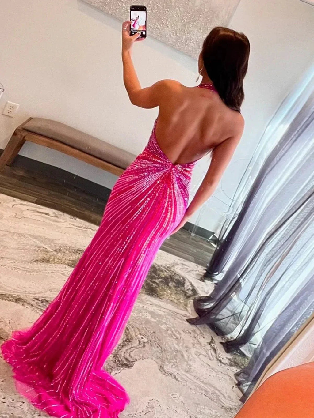 Fuchsia Halter Mermaid Beaded Prom Dress With Split by KissProm