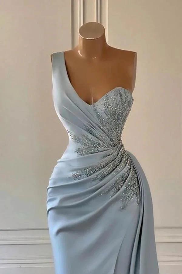 One shoulder blue prom dress in mermaid pleats by BIZTUNNEL