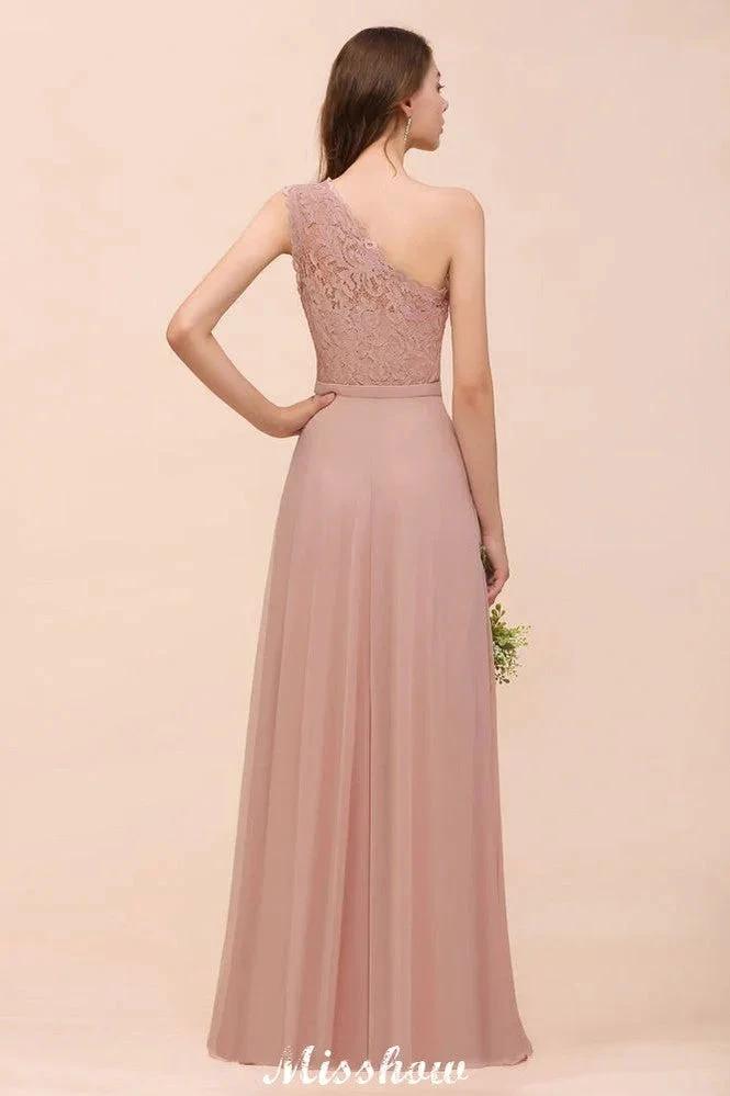 One Shoulder Chiffon Bridesmaid Dress Dusty Pink Wedding Guest Dress for Bride by misshow.com